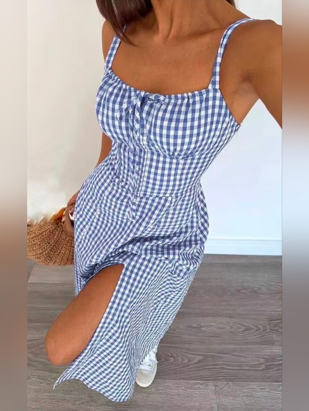 New Gingham Lace Up Back A Line Midi Dress Blue White Cotton - Picture 2 of 8